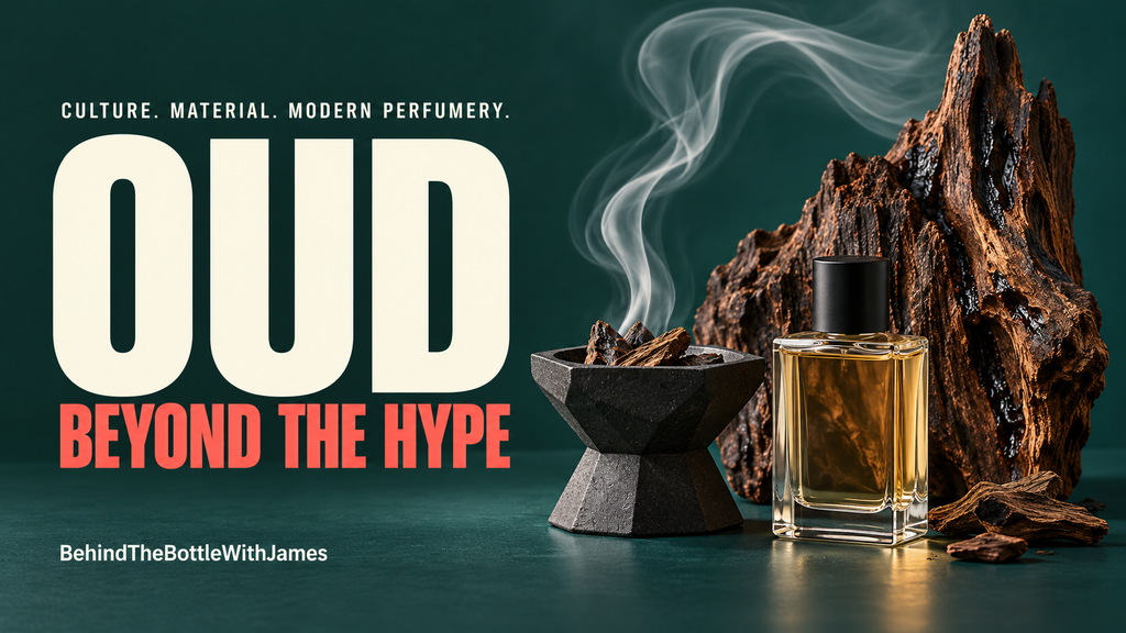Oud beyond the hype: resinous wood, a modern incense burner and an unbranded perfume bottle against a deep teal background.