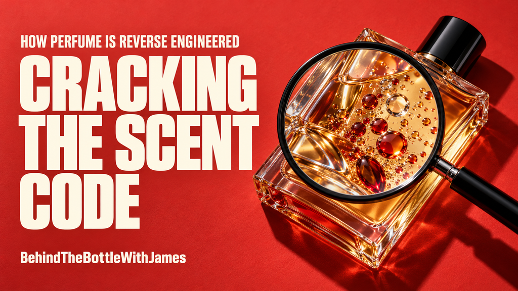 Magnifying glass examining a perfume bottle against a red background, with the headline “Cracking the Scent Code.”
