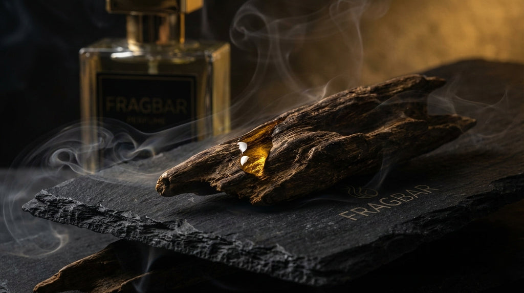 FragBar Blog: Close up of dark Agarwood resin with a drop of golden oil and a perfume bottle in the background.