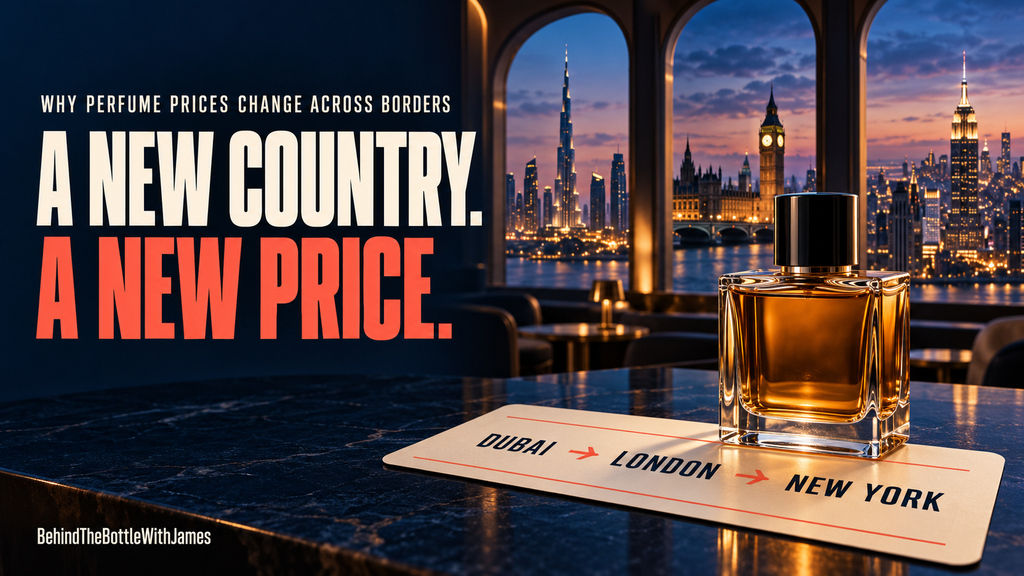 Perfume bottle beside Dubai, London and New York skylines, with country price tags and the headline “A New Country. A New Price.”
