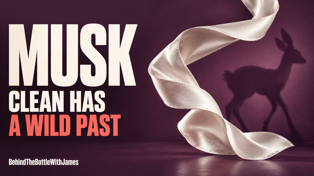 White silk ribbon beside the shadow of an antlerless deer, with the headline Musk Clean Has a Wild Past.