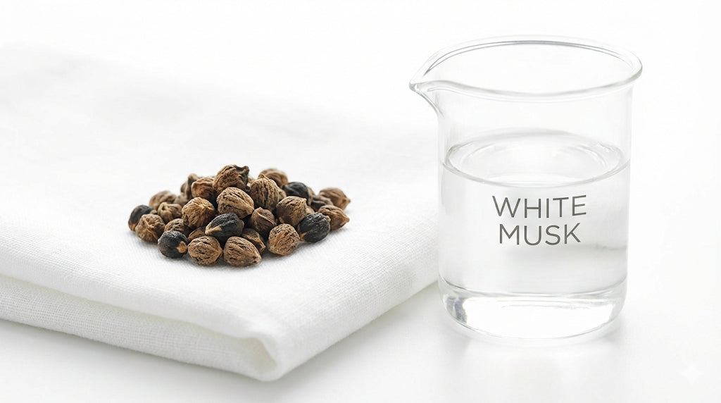 FragBar Blog: Dried Ambrette seeds on white linen next to a beaker of clear liquid, representing clean white musk.