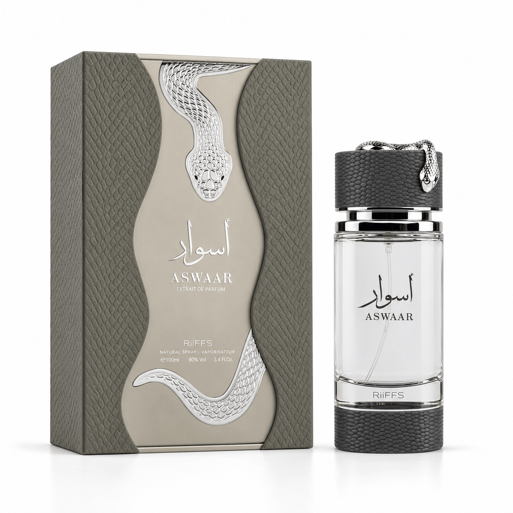 RiiFFS Aswaar Extrait de Parfum 100ml bottle with a grey textured cap and silver snake detail beside its matching box on a white background.