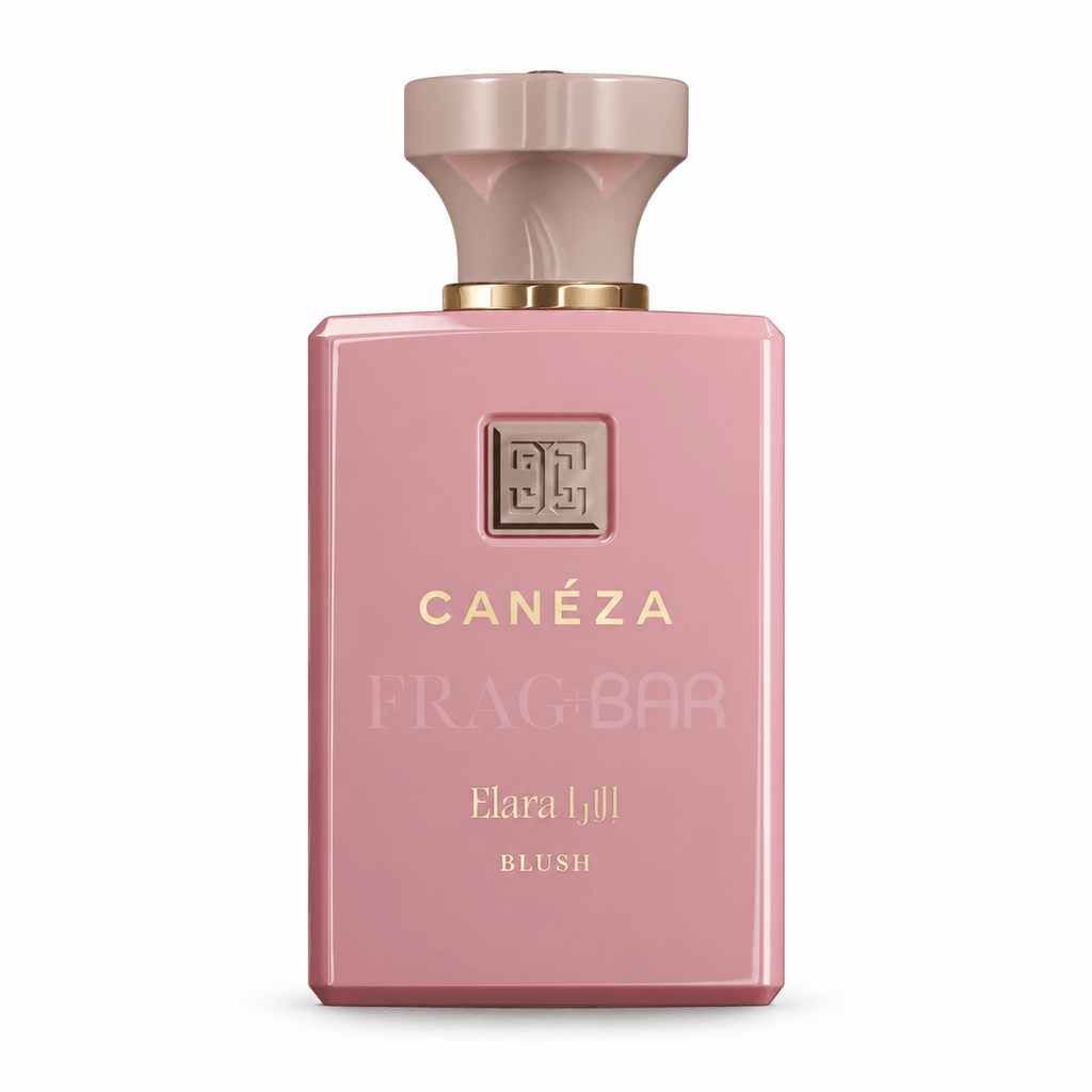 A pink rectangular perfume bottle with a matching pink cap and gold lettering that reads CANÉZA, ELARA LIII, and BLUSH. A faint FRAG-BAR watermark is visible on the front of the bottle.