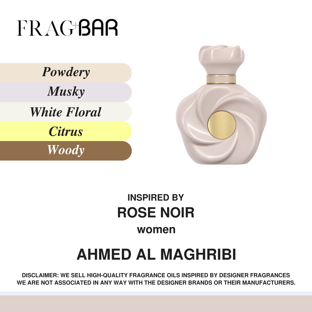FragBar fragrance inspired by Ahmed Al Maghribi Rose Noir, showing a pale pink bottle sculpted like a flower with a gold centre beside powdery, musky, white floral, citrus and woody accords.