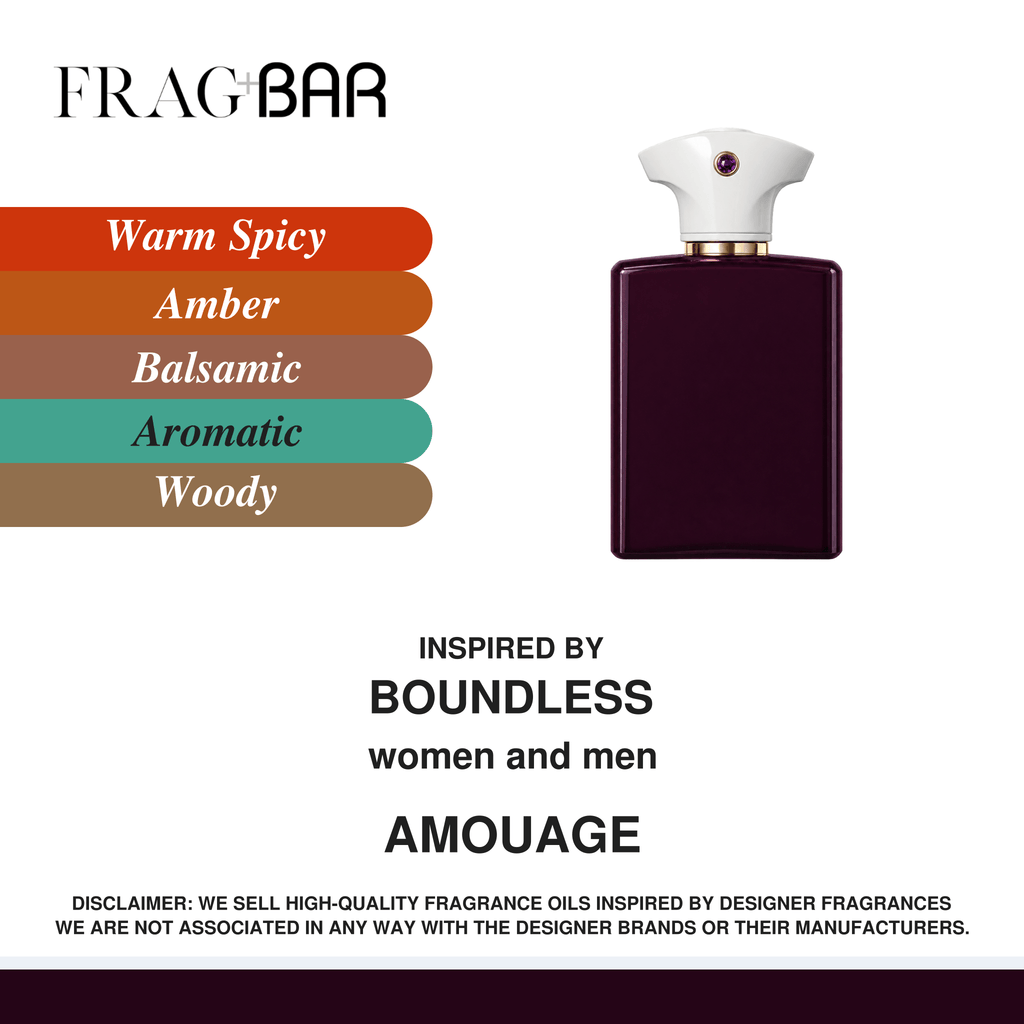 FragBar fragrance inspired by Amouage Boundless, showing a deep purple bottle with a white cap beside warm spicy, amber, balsamic, aromatic and woody accords.