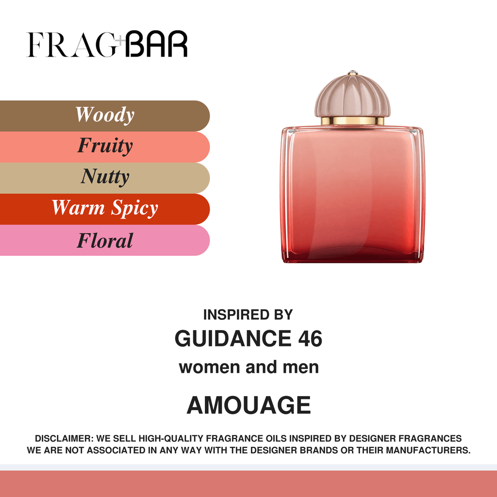Frag Bar Amouage fragrance oil bottle in a warm red-orange gradient glass with a metallic gold cap, shown next to a color swatch bar labeled Woody, Fruity, Nutty, Warm Spicy, and Floral. Text below states it is inspired by Guidance 46 and is for women and men.