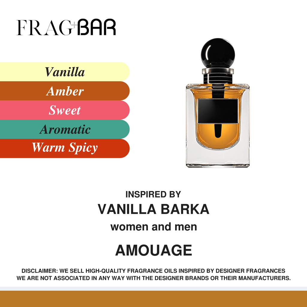 Frag Bar Amouage fragrance oil packaging graphic featuring a clear bottle with amber liquid and a black cap, alongside color swatches labeled Vanilla, Amber, Sweet, Aromatic, and Warm Spicy, with text noting inspiration by Vanilla Barka and women and men.