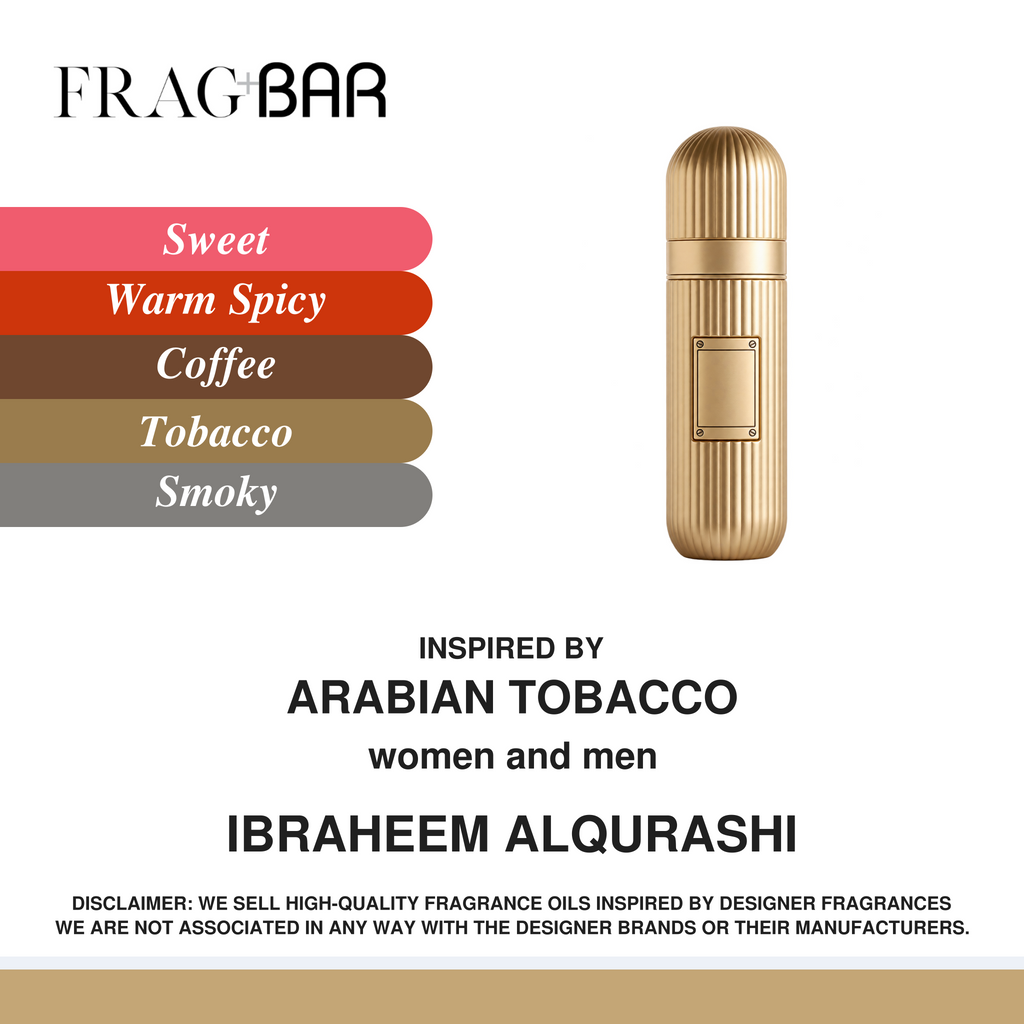 Frag Bar 'Sweet' fragrance oil bottle in a ribbed metallic gold finish, shown next to a vertical color swatch stack representing Sweet, Warm Spicy, Coffee, Tobacco, and Smoky notes. The image includes branding, designer credit to Ibraheem Alqurashi, and a disclaimer at the bottom.