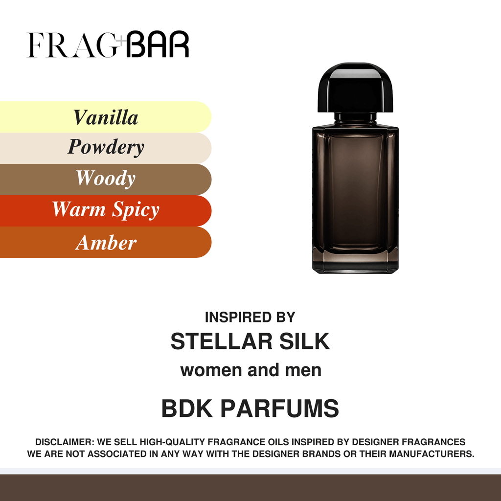 FragBar fragrance inspired by BDK Parfums Stellar Silk, showing a smoky brown rectangular bottle with a rounded black cap beside vanilla, powdery, woody, warm spicy and amber accords.