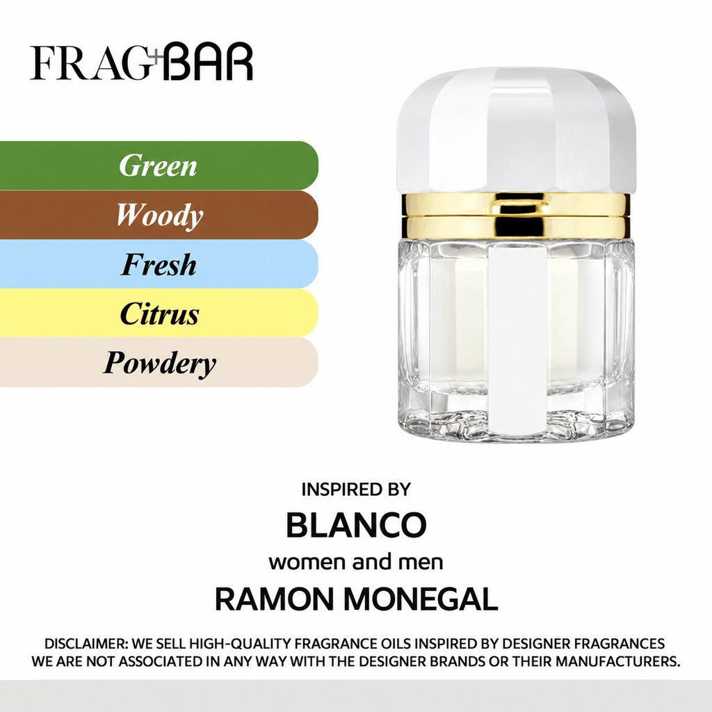 FragBar fragrance inspired by Ramon Monegal Blanco, showing a clear ribbed bottle with a white cap and gold neck beside green, woody, fresh, citrus and powdery accords.