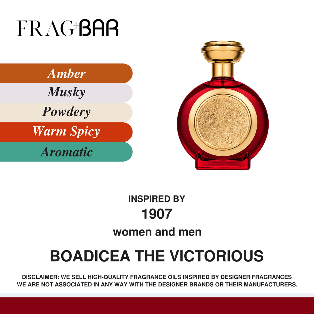 FragBar fragrance inspired by Boadicea the Victorious 1907, showing a round red bottle with a gold medallion and cap beside amber, musky, powdery, warm spicy and aromatic accords.