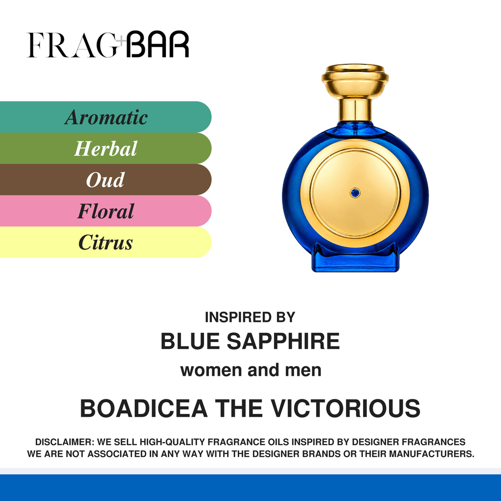 FragBar fragrance inspired by Boadicea the Victorious Blue Sapphire, showing a round blue bottle with a gold cap beside aromatic, herbal, oud, floral and citrus accords.