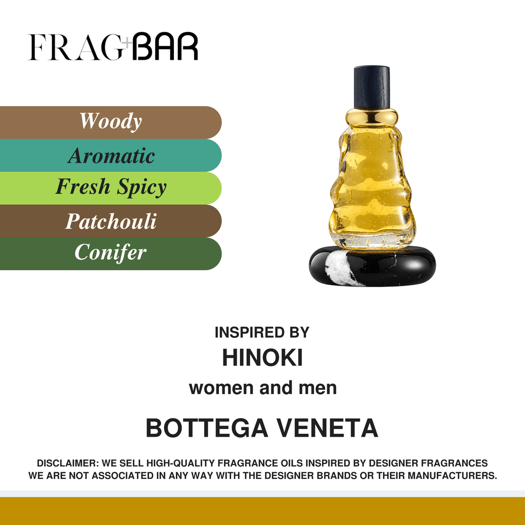 A fragrance oil bottle with a sculptural bear-shaped glass body filled with golden-yellow liquid, displayed on a black and white base. The image includes a color palette on the left listing Woody, Aromatic, Fresh Spicy, Patchouli, and Conifer, and text stating it is inspired by HINOKI and BOTTEGA VENETA.