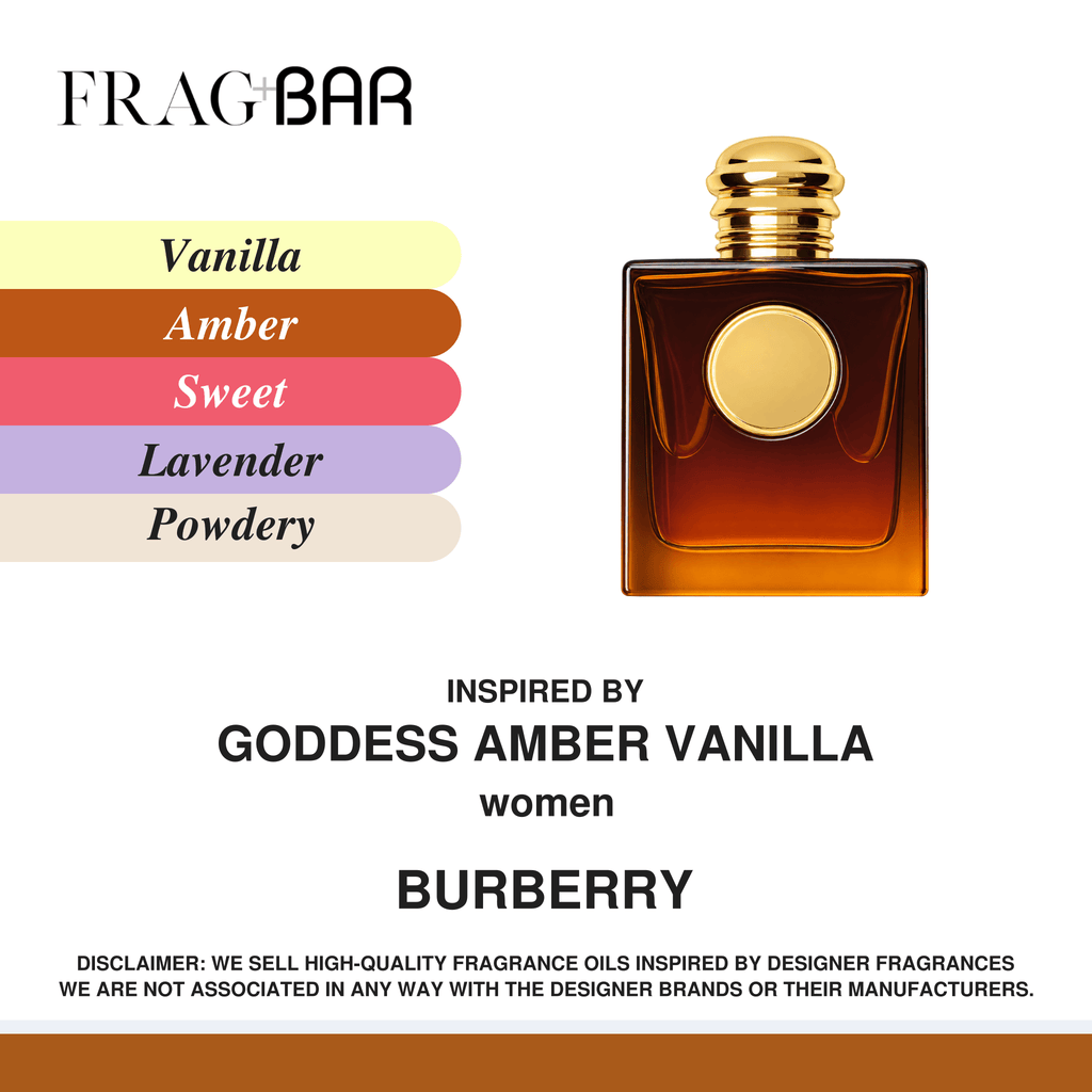 FragBar fragrance inspired by Burberry Goddess Amber Vanilla, showing an amber bottle with a gold cap beside vanilla, amber, sweet, lavender and powdery accords.