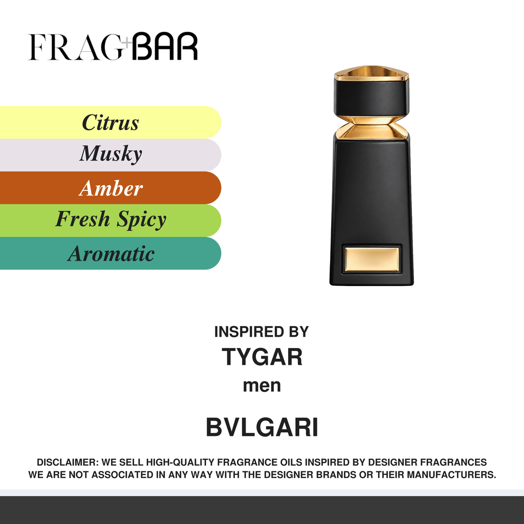 FragBar fragrance inspired by Bvlgari Tygar, showing a tall black bottle with gold trim beside citrus, musky, amber, fresh spicy and aromatic accords.