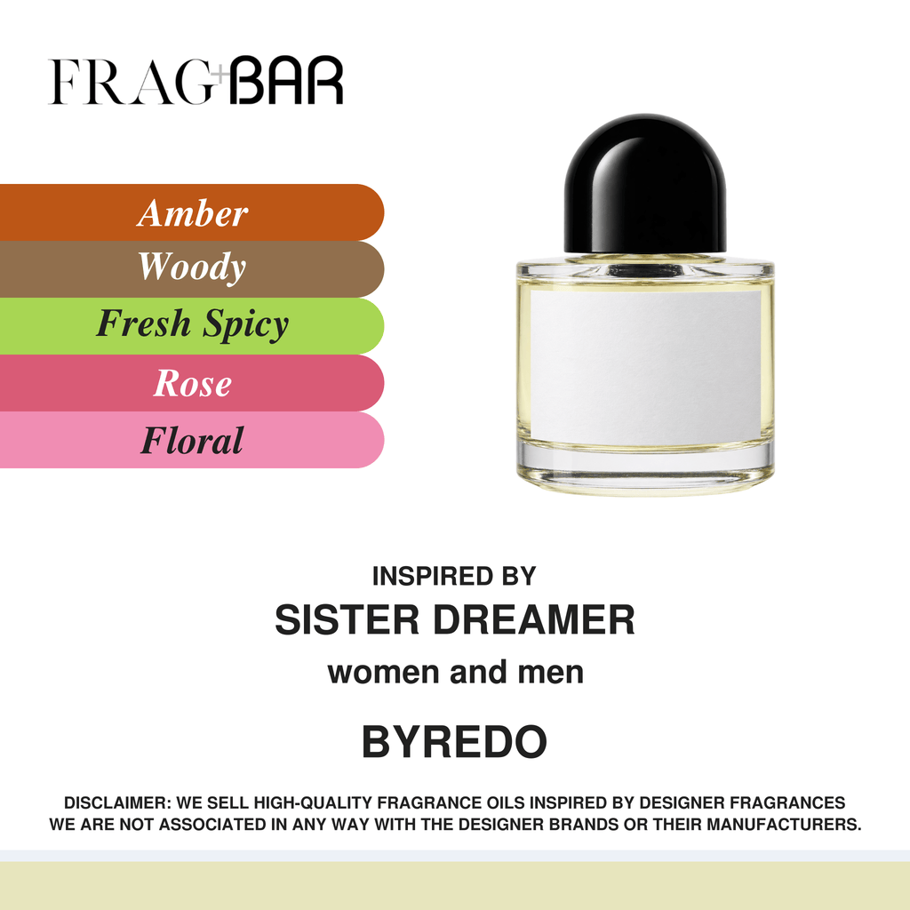 FragBar fragrance inspired by Byredo Sister Dreamer, showing a clear bottle with a rounded black cap beside amber, woody, fresh spicy, rose and floral accords.