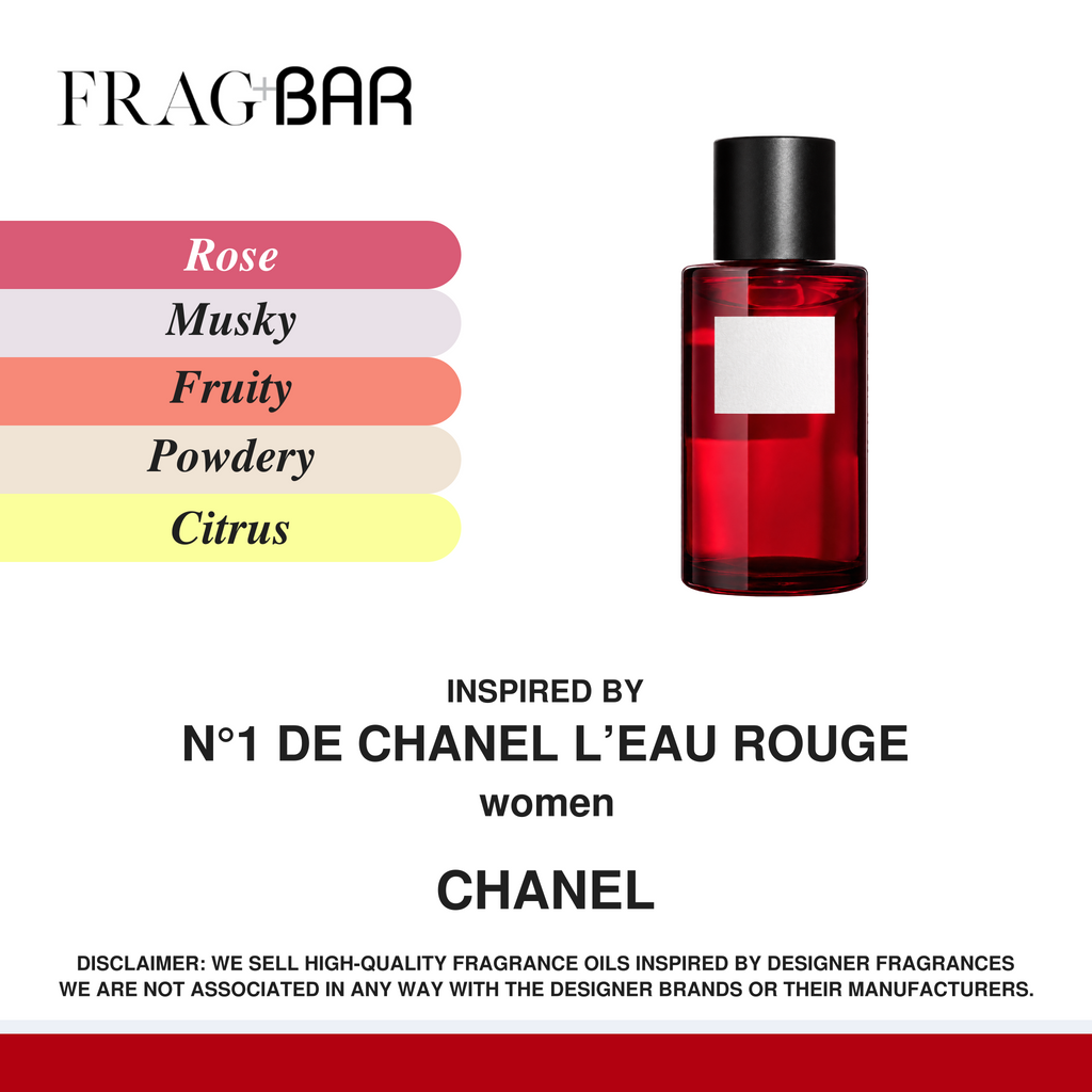 FragBar fragrance inspired by N°1 de Chanel L’Eau Rouge, showing a red bottle with a black cap beside rose, musky, fruity, powdery and citrus accords.