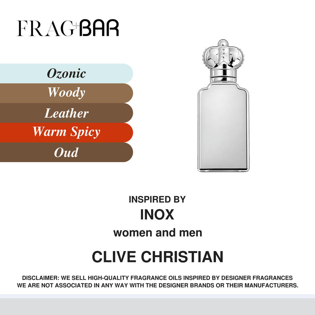 FragBar fragrance inspired by Clive Christian Inox, showing a silver rectangular bottle with a matching crown cap beside ozonic, woody, leather, warm spicy and oud accords.