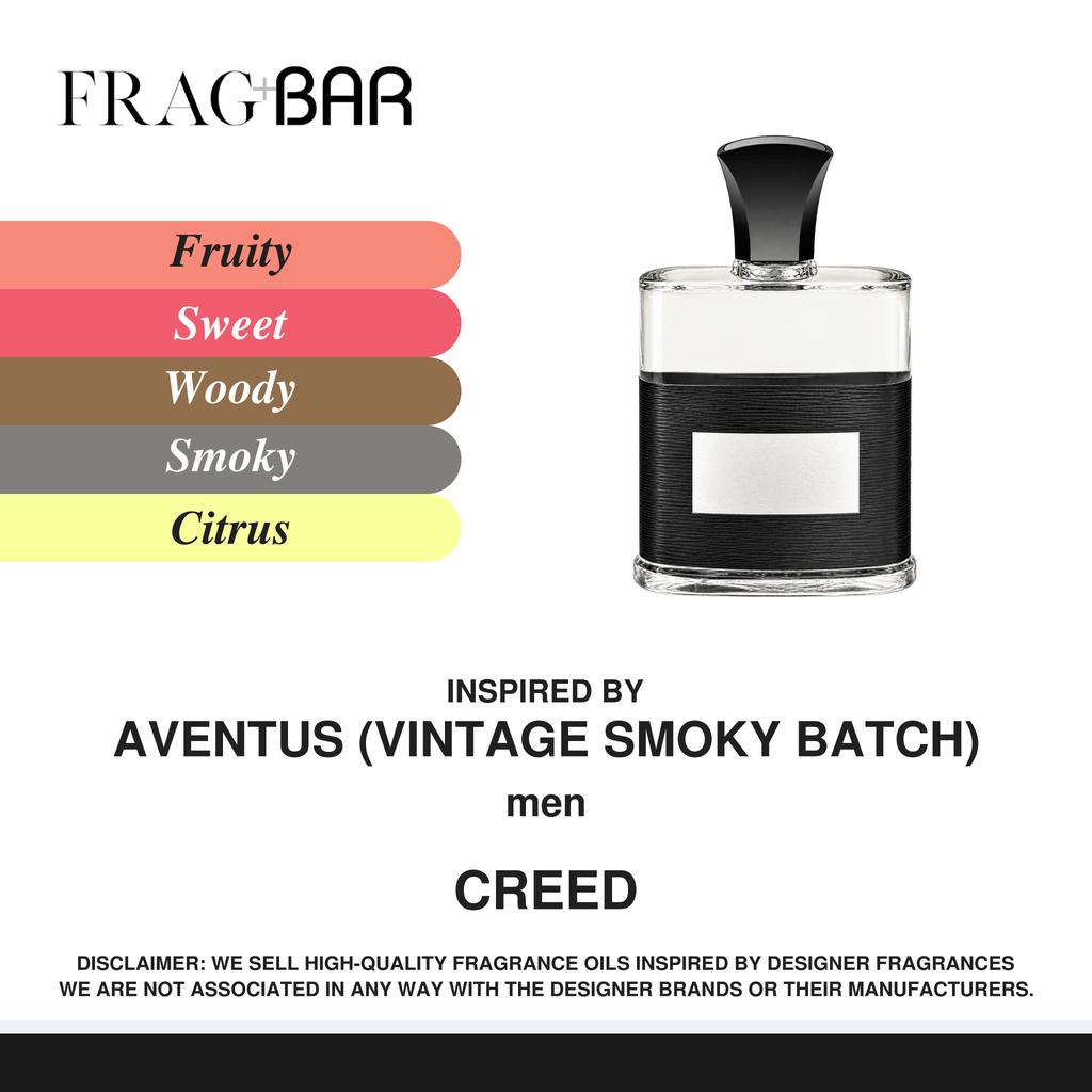 FragBar fragrance inspired by Creed Aventus Vintage Smoky Batch, showing a clear bottle with a black cap and textured black band beside fruity, sweet, woody, leather and citrus accords.
