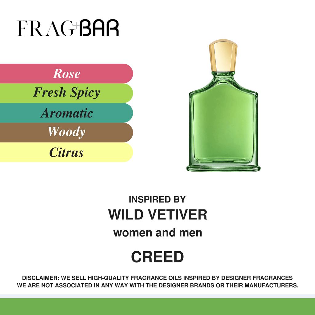 A fragrance product graphic for CREED's Wild Vetiver, showing a green glass bottle with a gold cap on a white background. The left side features a color palette with pink, green, teal, brown, and yellow options labeled Rose, Fresh Spicy, Aromatic, Woody, and Citrus.