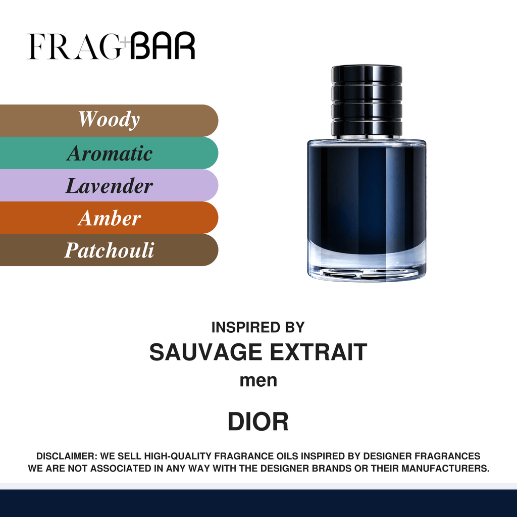 FragBar fragrance inspired by Dior Sauvage Extrait, showing a dark blue cylindrical bottle with a ribbed black cap beside woody, aromatic, lavender, amber and patchouli accords.
