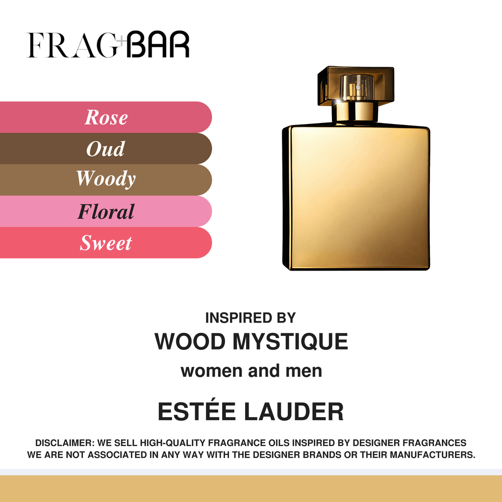 FragBar fragrance inspired by Estée Lauder Wood Mystique, showing a gold bottle with an amber square cap beside rose, oud, woody, floral and sweet accords.