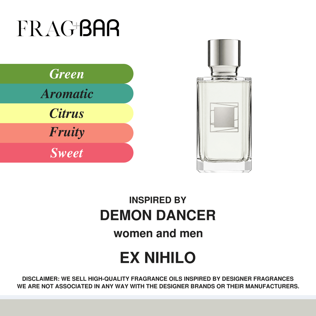FragBar fragrance inspired by Ex Nihilo Demon Dancer, showing a clear bottle with a silver cap beside green, aromatic, citrus, fruity and sweet accords.