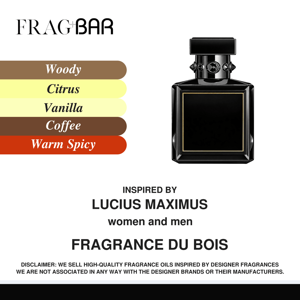 FragBar fragrance inspired by Fragrance Du Bois Lucius Maximus, showing a black square bottle with a jewelled collar and rectangular cap beside woody, citrus, vanilla, coffee and warm spicy accords.