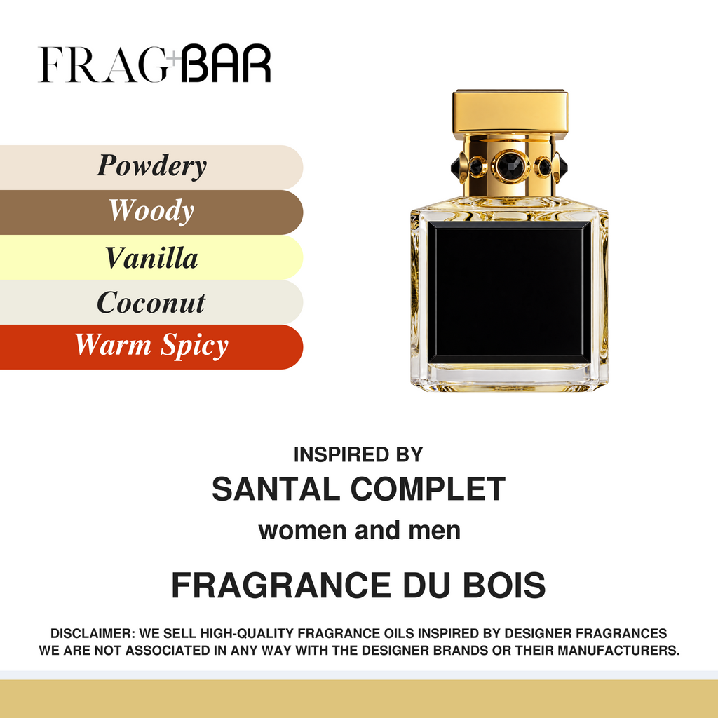 FragBar fragrance inspired by Fragrance Du Bois Santal Complet, showing a clear bottle with a gold cap beside powdery, woody, vanilla, coconut and warm spicy accords.