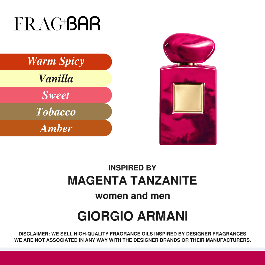 FragBar fragrance inspired by Giorgio Armani Magenta Tanzanite, showing a marbled magenta bottle with a matching rounded cap beside warm spicy, vanilla, sweet, tobacco and amber accords.