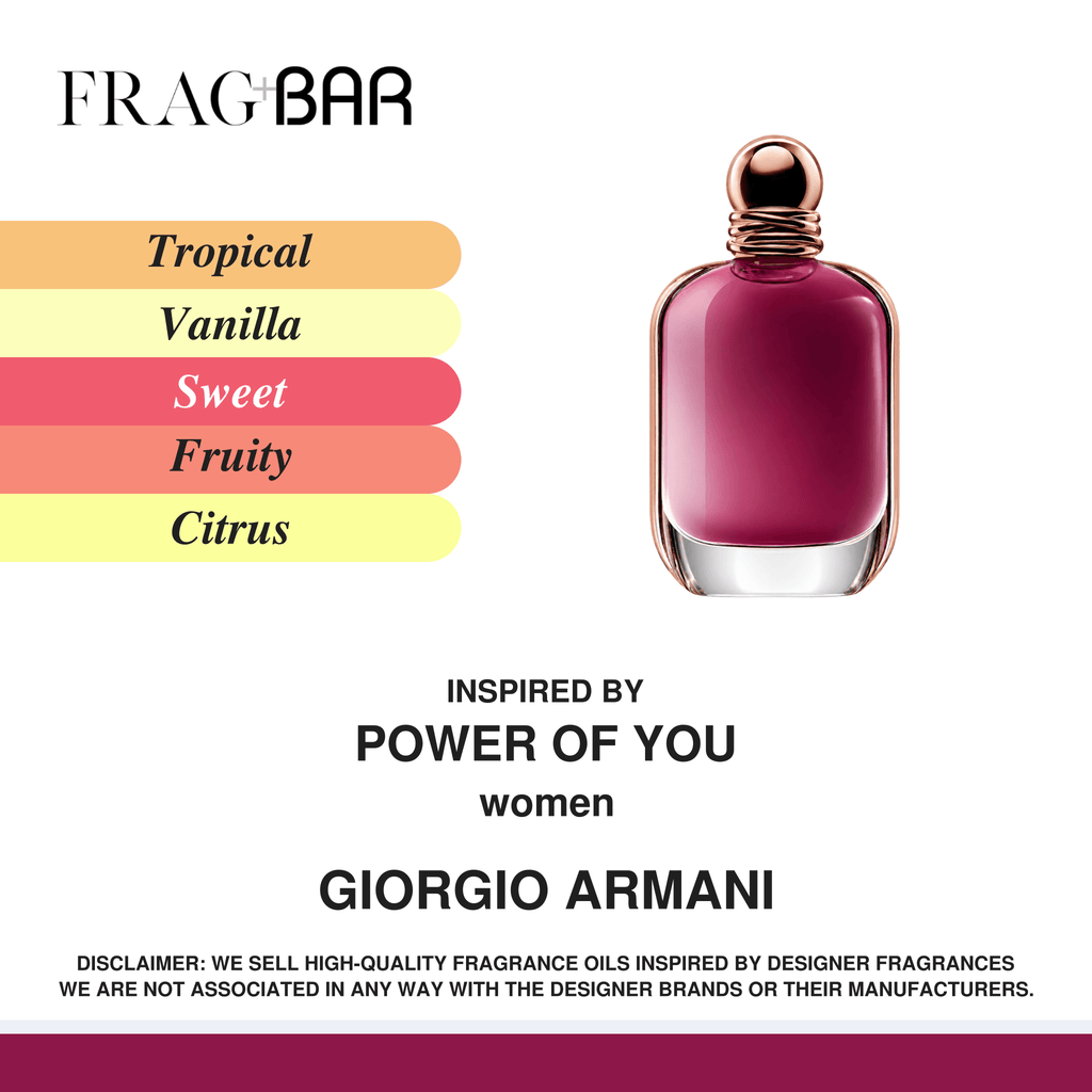 FragBar fragrance inspired by Giorgio Armani Power of You, showing a pink bottle with a rose gold cap beside tropical, vanilla, sweet, fruity and citrus accords.