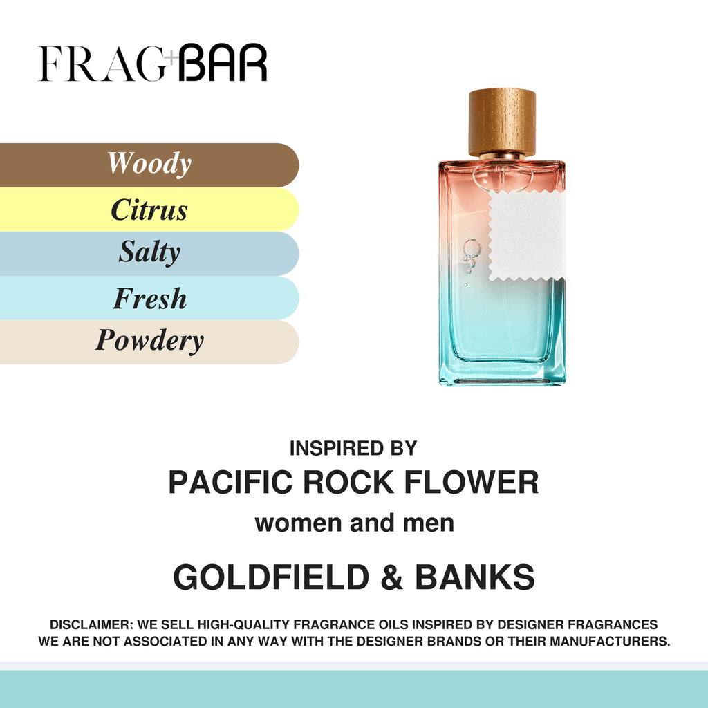 FragBar fragrance inspired by Goldfield & Banks Pacific Rock Flower, showing a pink and turquoise bottle with a gold cap beside woody, citrus, salty, fresh and powdery accords.
