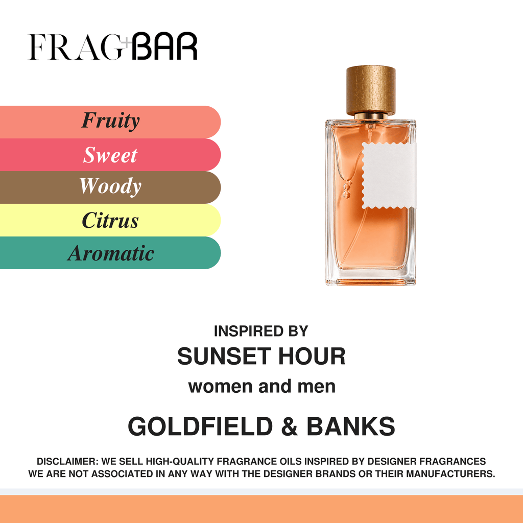FragBar fragrance inspired by Goldfield & Banks Sunset Hour, showing a clear rectangular bottle with peach liquid and a gold cap beside fruity, sweet, woody, citrus and aromatic accords.