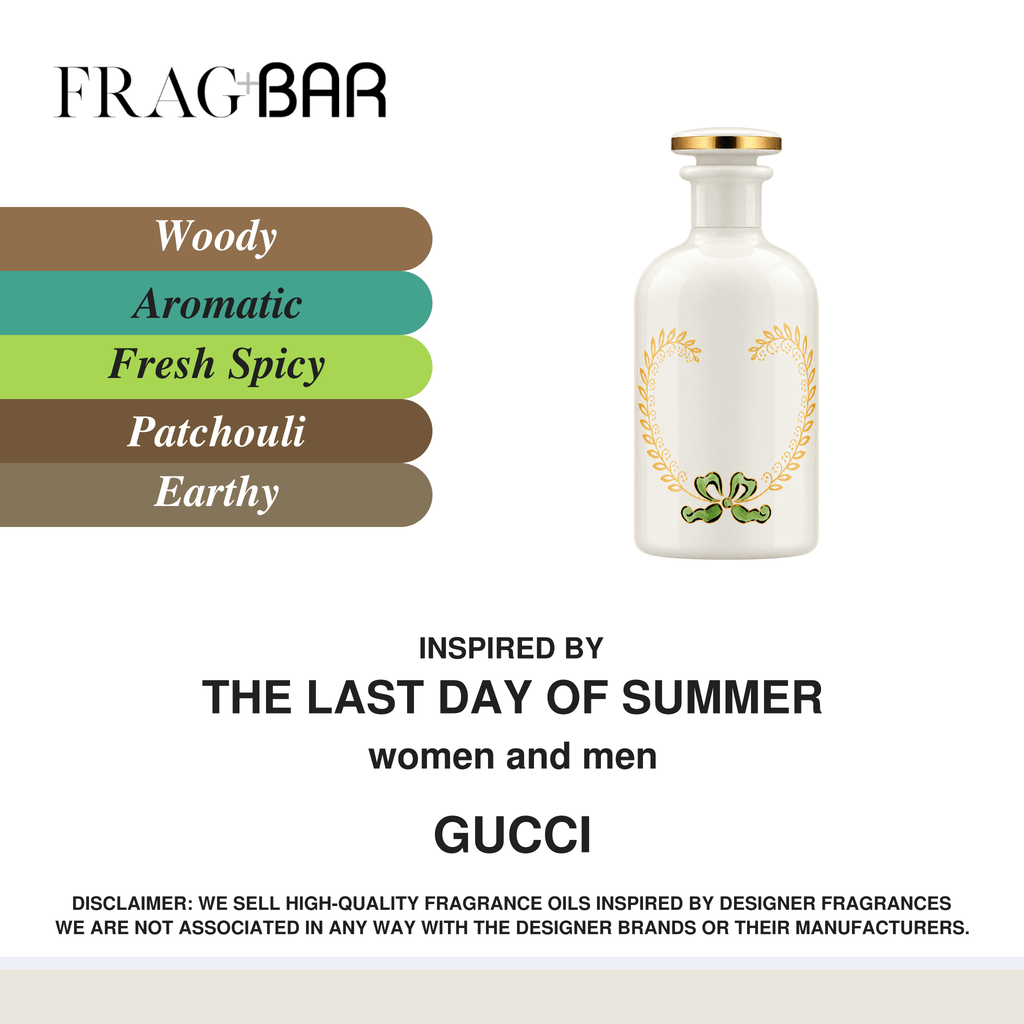 FragBar fragrance inspired by Gucci The Last Day of Summer, showing a white bottle with gold decoration beside woody, aromatic, fresh spicy, patchouli and earthy accords.