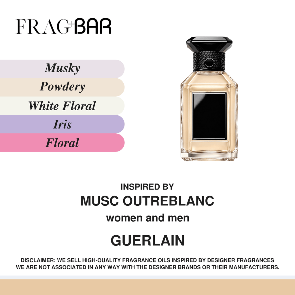 Frag Bar fragrance oil listing graphic showing a clear rectangular bottle with pale amber liquid and a black cap on a white background, alongside fragrance scent options: Musky, Powdery, White Floral, Iris, and Floral. Text references inspiration from Musc Outreblanc and mentions Guerlain.