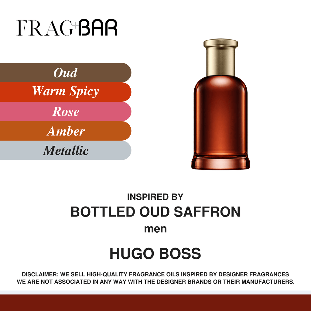 FragBar fragrance inspired by Hugo Boss Bottled Oud Saffron, showing an amber bottle with a tall gold cap beside oud, warm spicy, rose, amber and metallic accords.