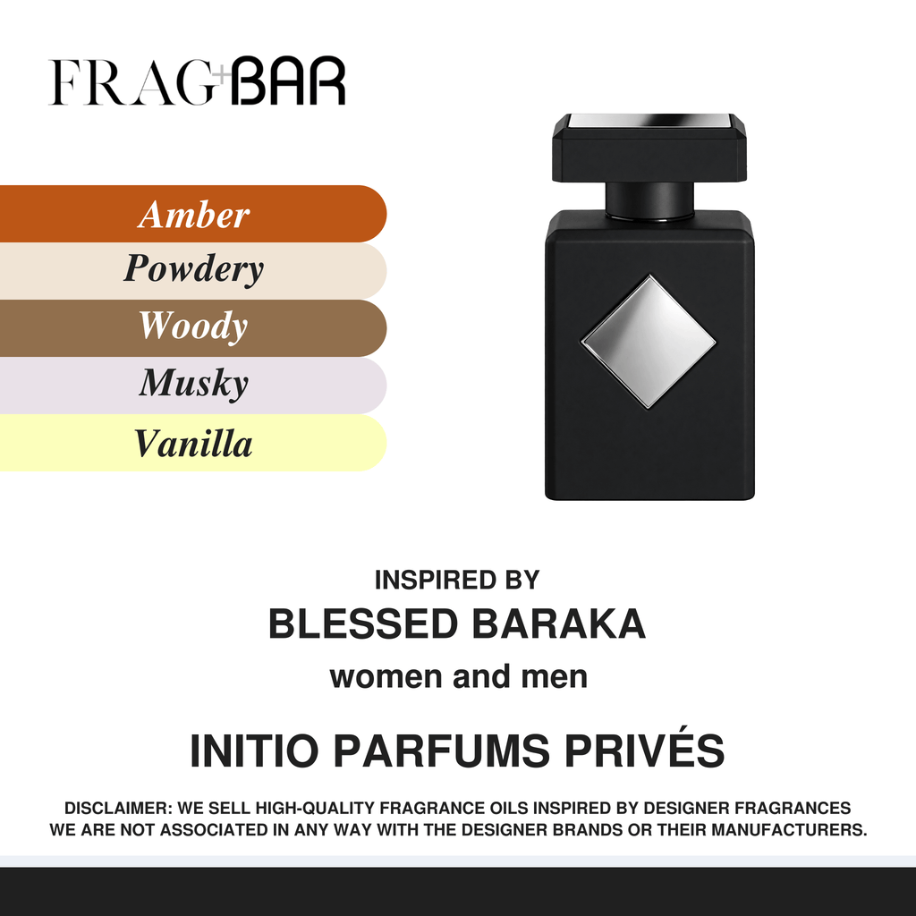 A fragrance product graphic for FRAG BAR, showing a black rectangular perfume bottle with a silver diamond emblem on a white background. On the left is a color swatch bar labeled Amber, Powdery, Woody, Musky, and Vanilla.