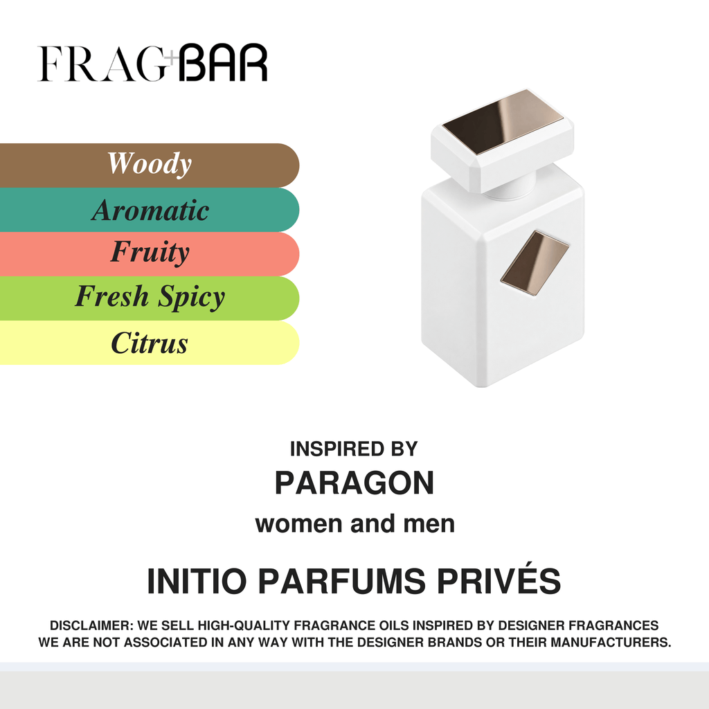 A product listing graphic for a FRAG BAR fragrance oil bottle inspired by Paragon 'women and men' and titled 'INITIO PARFUMS PRIVÉS'. The graphic features a white bottle with a metallic rose gold cap on the right, and a color swatch bar on the left indicating 'Woody', 'Aromatic', 'Fruity', 'Fresh Spicy', and 'Citrus' options.