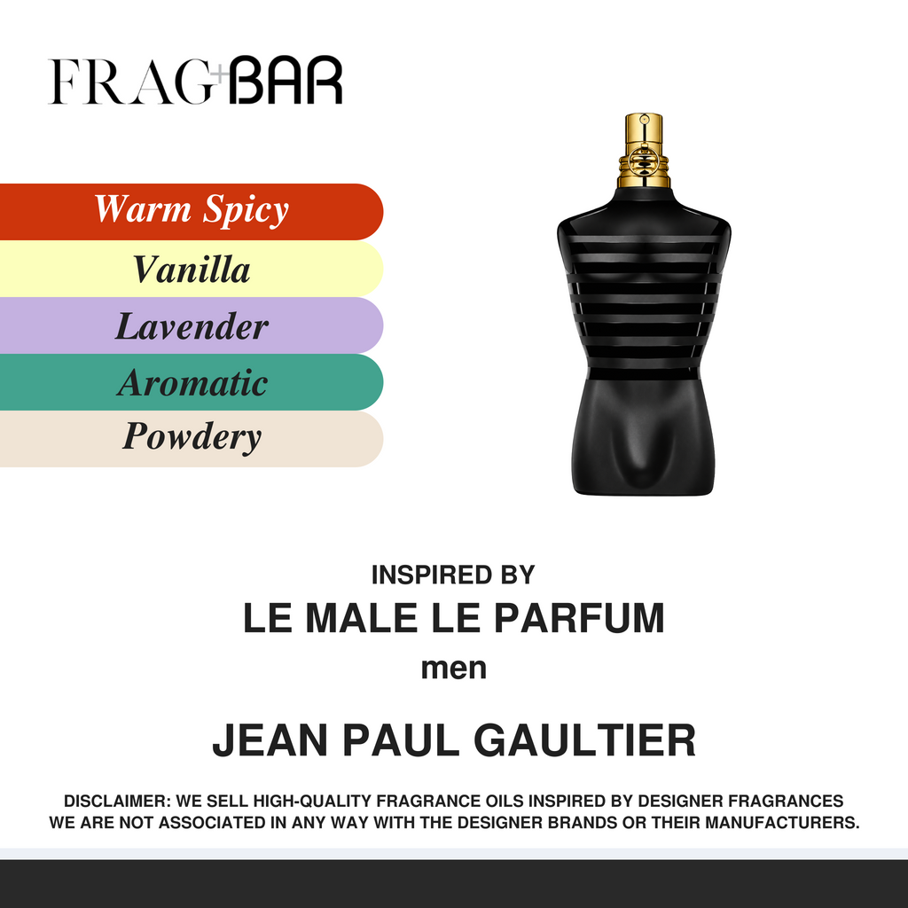 Frag Bar men's fragrance oil bottle inspired by Jean Paul Gaultier's Le Male Le Parfum, shown in a black bottle with a gold cap on a white background, alongside a color swatch list of Warm Spicy, Vanilla, Lavender, Aromatic, and Powdery.