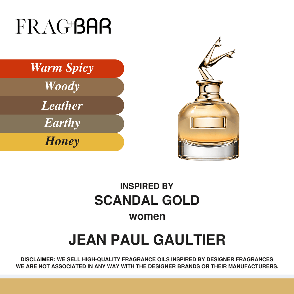 FragBar fragrance inspired by Jean Paul Gaultier Scandal Gold, showing a golden bottle topped with sculpted gold legs beside warm spicy, earthy and honey accords.