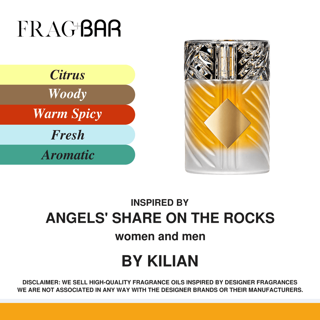 FragBar fragrance inspired by Kilian Angels' Share On the Rocks, showing a frosted bottle with a patterned silver cap beside citrus, woody, warm spicy, fresh and aromatic accords.