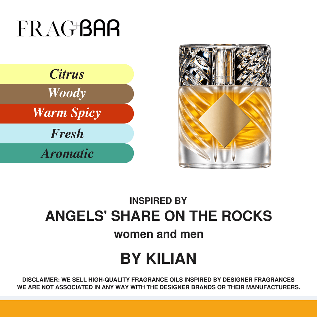 FragBar fragrance inspired by Kilian Angels' Share On the Rocks, showing a frosted bottle with a patterned silver cap beside citrus, woody, warm spicy, fresh and aromatic accords.