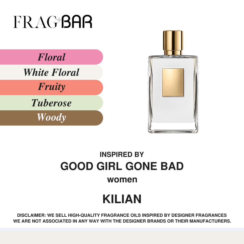 A fragrance oil bottle labeled KILIAN by FRAG BAR, shown on a white background with scent category labels for Floral, White Floral, Fruity, Tuberose, and Woody. The bottle is clear glass with a gold cap and a gold square label.