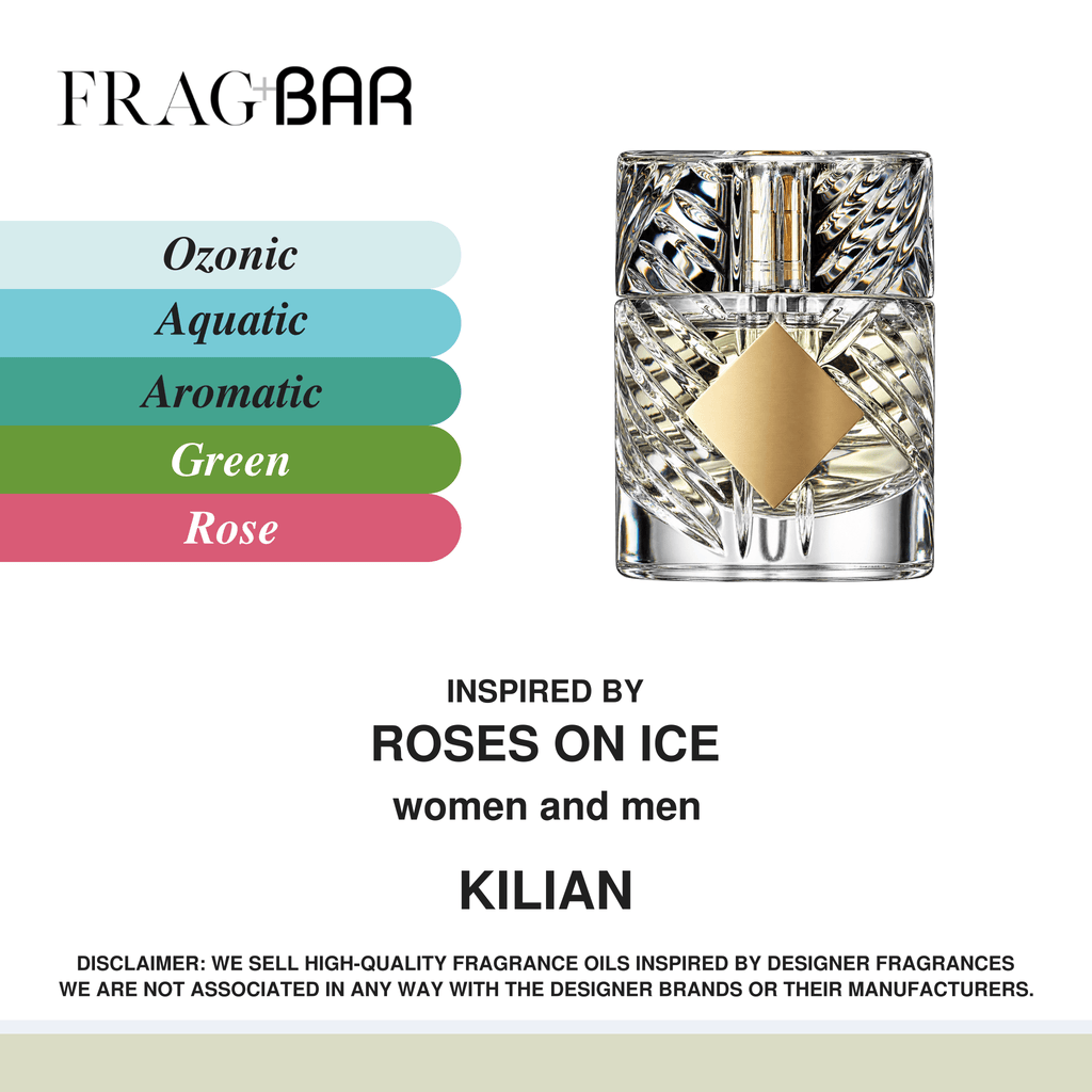 FragBar fragrance inspired by Kilian Roses on Ice, showing a faceted glass bottle with a gold label beside ozonic, aquatic, aromatic, green and rose accords.