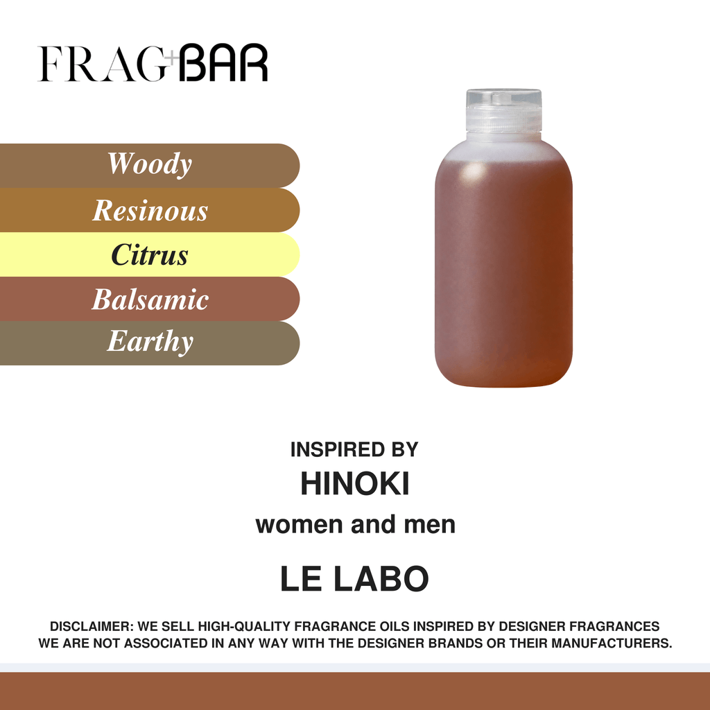 FragBar fragrance inspired by Le Labo Hinoki, showing a brown bottle with a clear cap beside woody, resinous, citrus, balsamic and earthy accords.