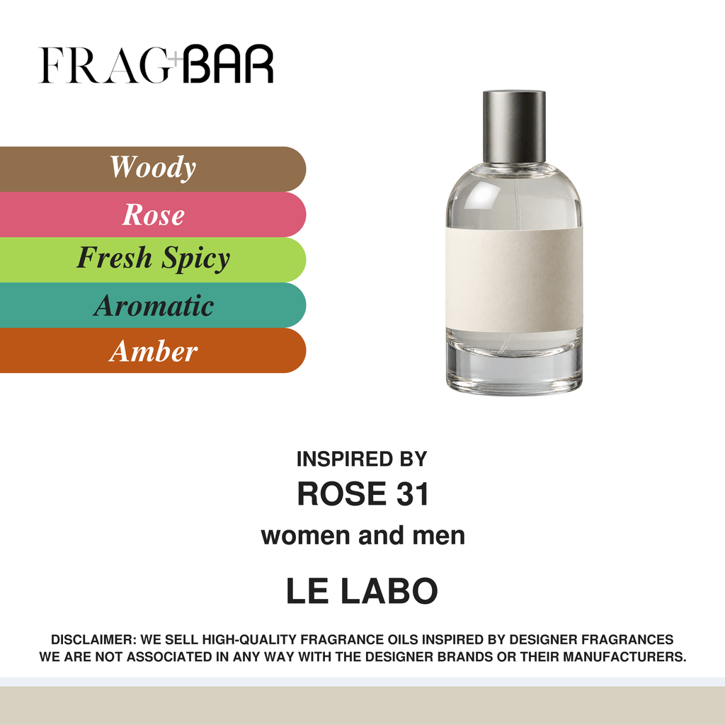 FragBar fragrance inspired by Le Labo Rose 31, showing a clear bottle with a silver cap and cream label beside woody, rose, fresh spicy, aromatic and amber accords.