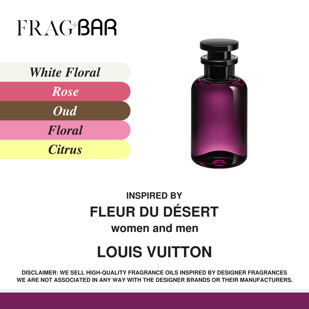 FragBar fragrance inspired by Louis Vuitton Fleur du Désert, showing a purple cylindrical bottle with a black cap beside white floral, rose, oud, floral and citrus accords.