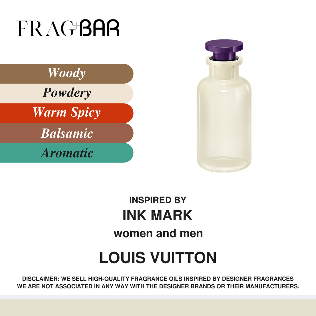 FragBar fragrance inspired by Louis Vuitton Ink Mark, showing an ivory bottle with a purple cap beside woody, powdery, warm spicy, balsamic and aromatic accords.