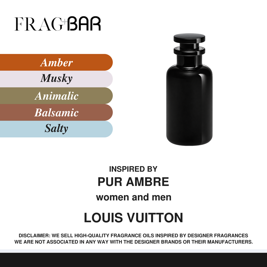 FragBar fragrance inspired by Louis Vuitton Pur Ambre, showing a black cylindrical bottle with a matching cap beside amber, musky, animalic, balsamic and salty accords.